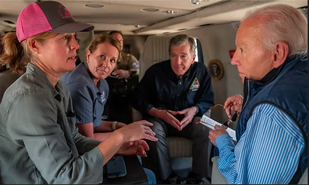 Esther Manheimer for Mayor of Asheville with President Joe Biden and Governor Roy Cooper discussing Hurricane Helene relief efforts from Marine One.