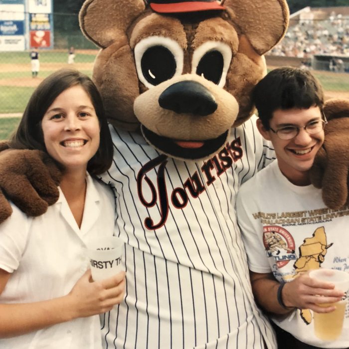 Esther and Mark with Ted E. Tourist at an Asheville Tourists game