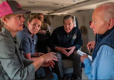Esther Manheimer for Mayor of Asheville with President Joe Biden and Governor Roy Cooper discussing Hurricane Helene relief efforts from Marine One.